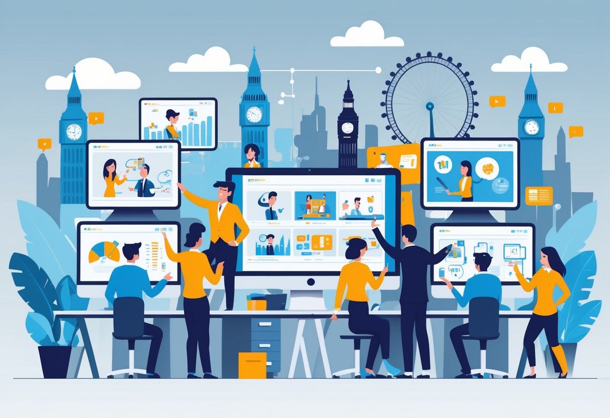 An office scene showing professionals working with various types of 2D animation on computer screens, with a cityscape featuring UK landmarks in the background.