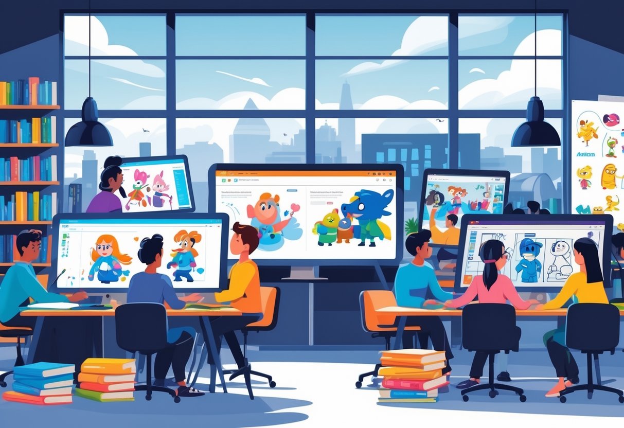 A creative animation studio with animators working on different animation projects and a city view in the background.