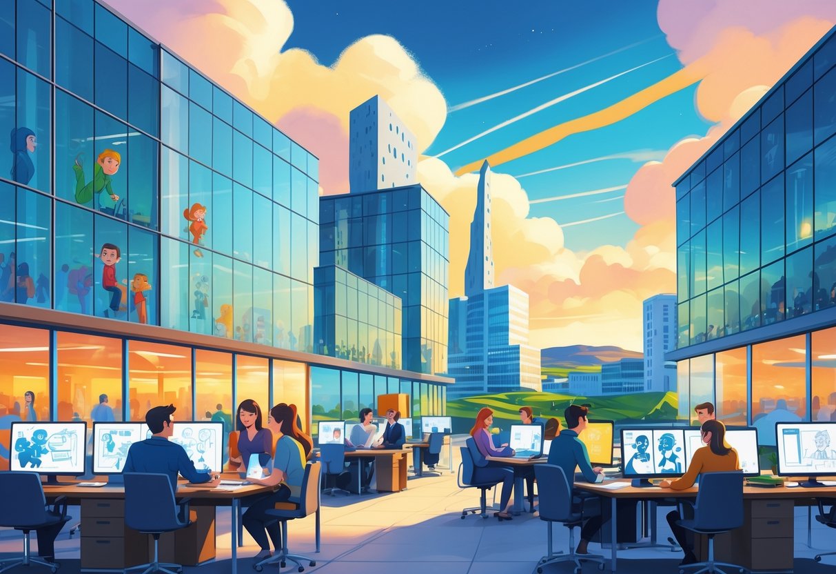 A cityscape of Northern Ireland with animation studios and people working together on creative projects inside modern buildings.