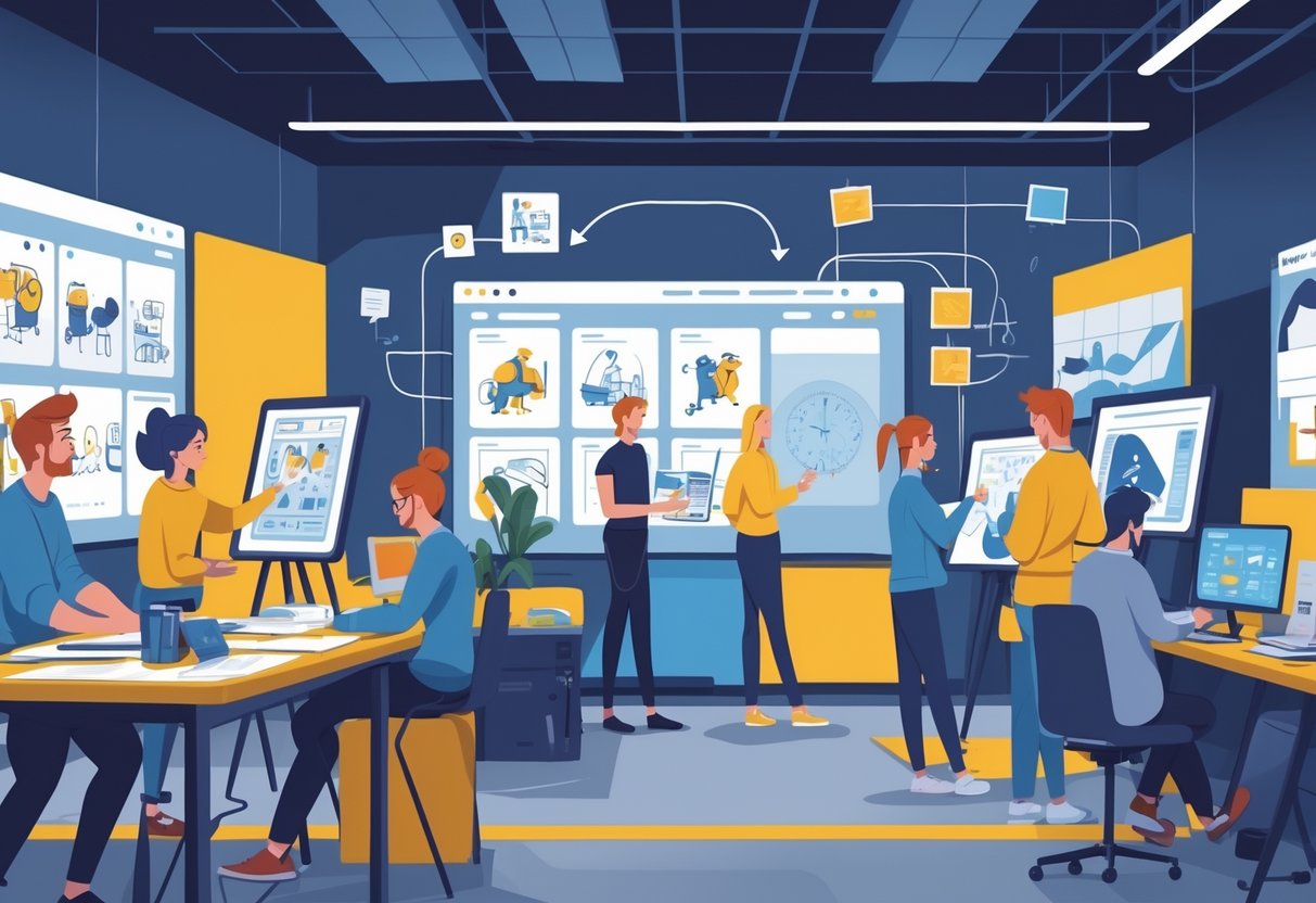 A busy animation studio with team members working on drawing tablets, storyboards, and audio equipment, collaborating in a creative workspace with Northern Ireland-themed decorations.