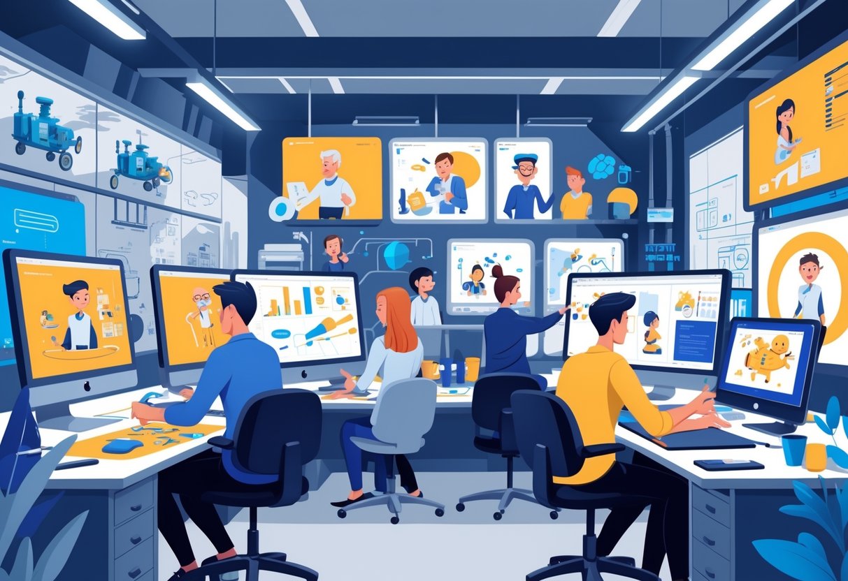 A modern animation studio with animators working on computers and drawing tablets, surrounded by animated characters and industrial-themed visuals.
