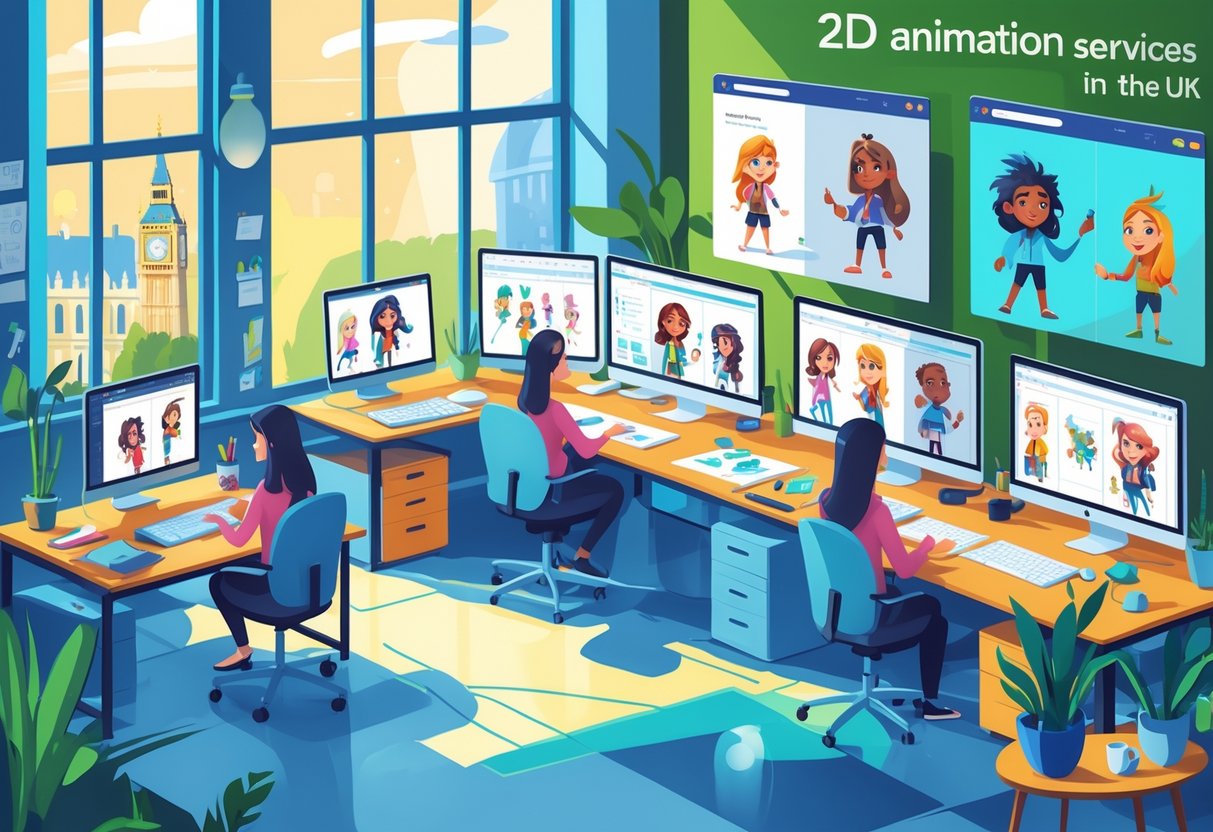 A creative studio with artists working on 2D animation projects using digital tablets and computers, with a view of British architecture outside the window.