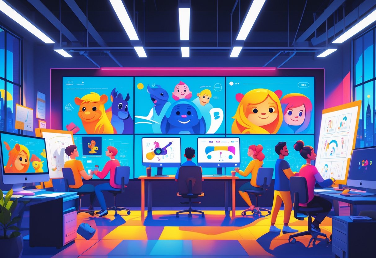 A busy animation studio with artists working on digital screens showing animated brand characters, with a cityscape visible through a large window.