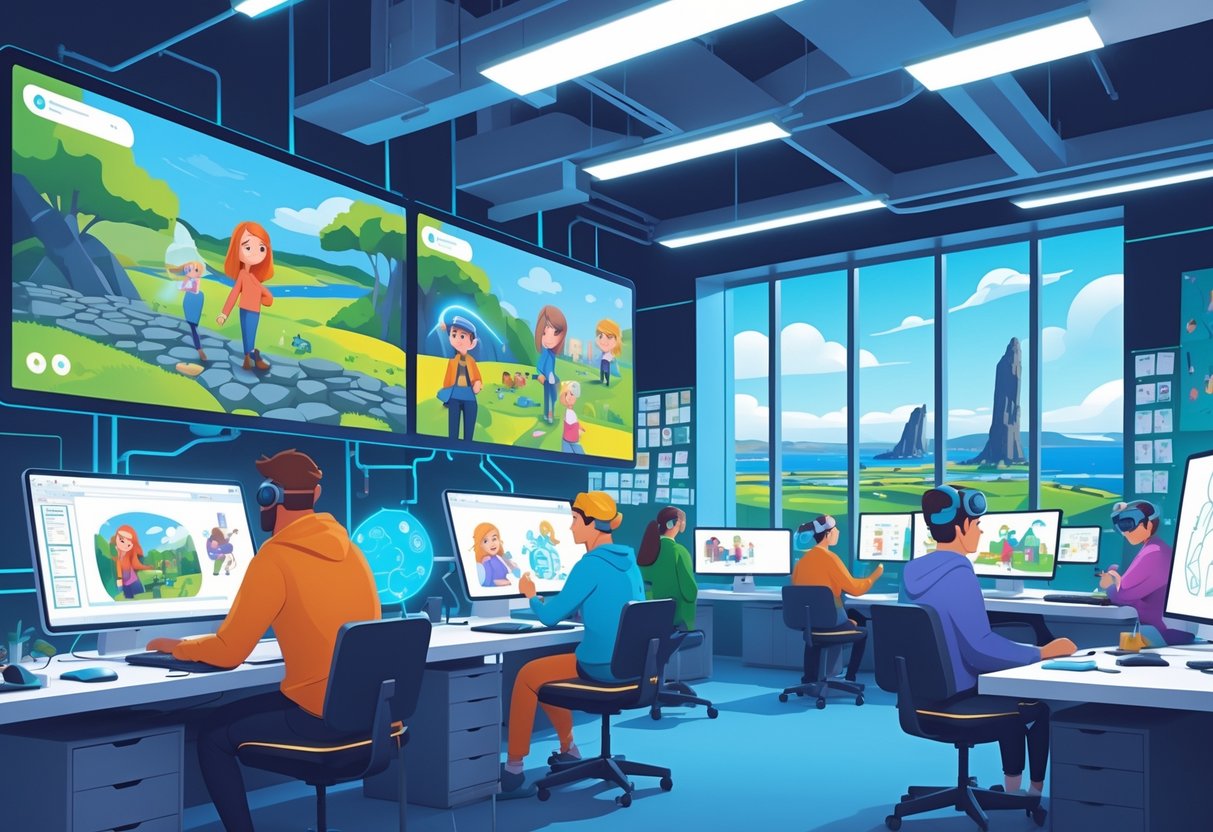 An animation studio where diverse artists work with digital tools and screens showing animated characters, with Northern Ireland landmarks visible through the windows.