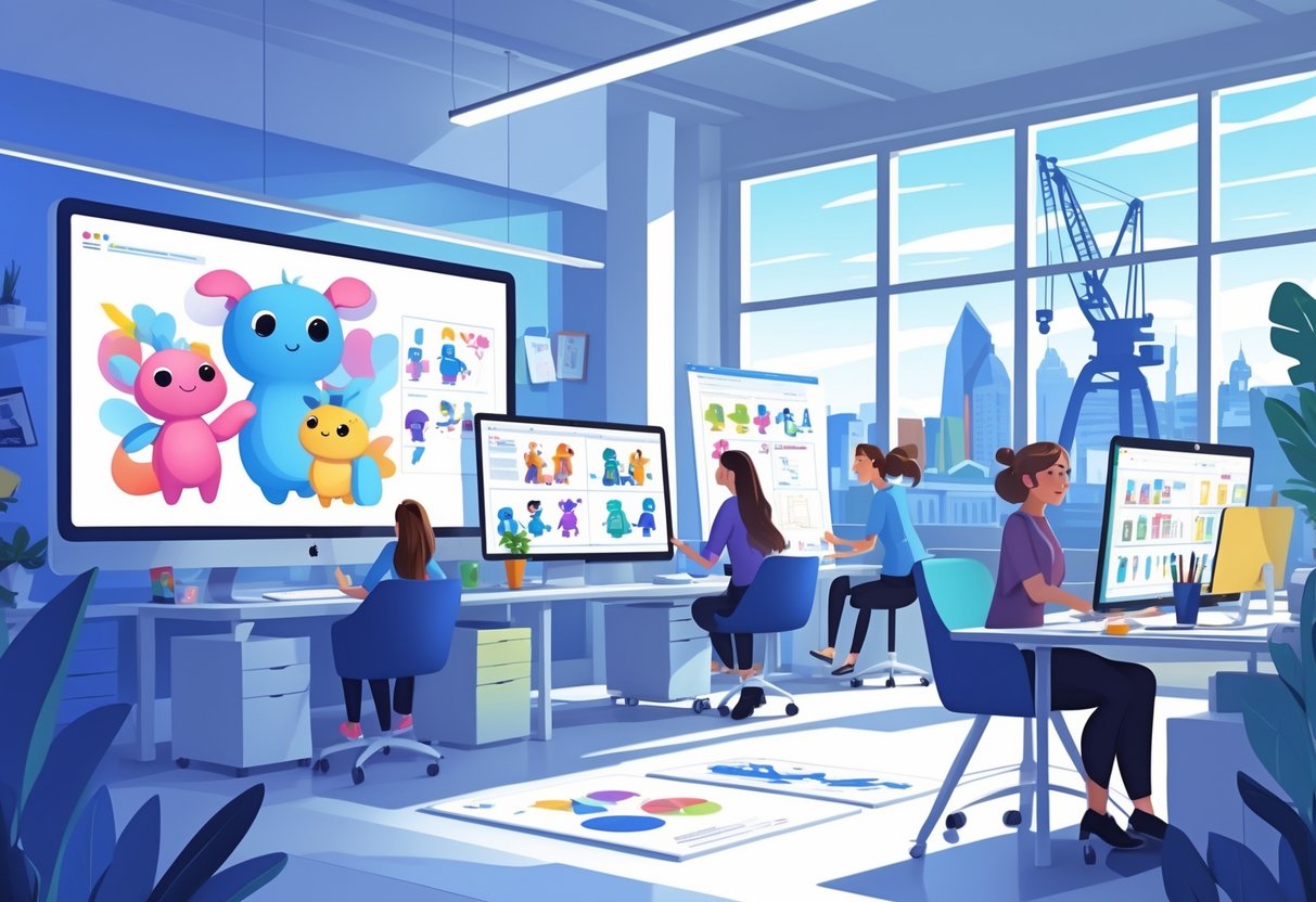 An office with people working on 2D animation projects, showing computer screens with animated characters and a window view of Belfast city skyline.