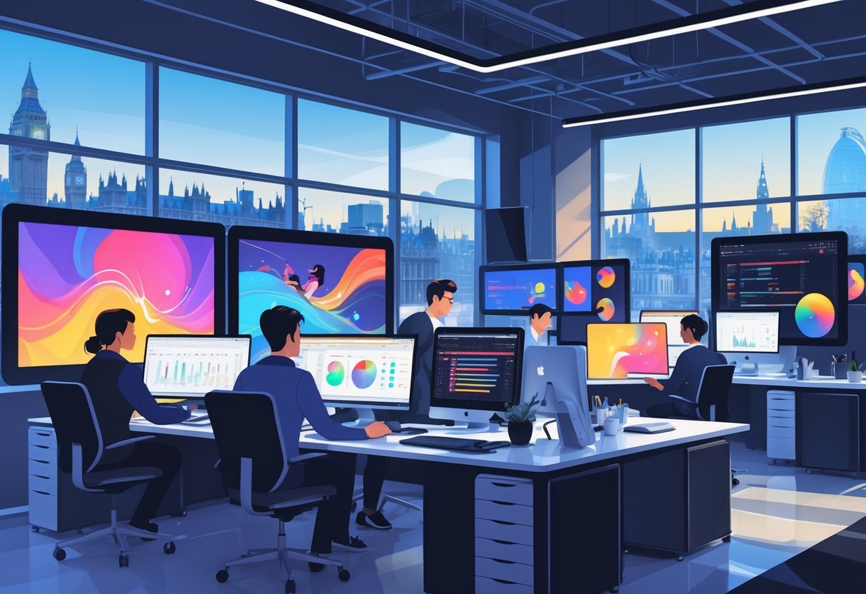 A team of animators working together in a modern office with computer screens showing colourful motion graphics and a city skyline visible through large windows.