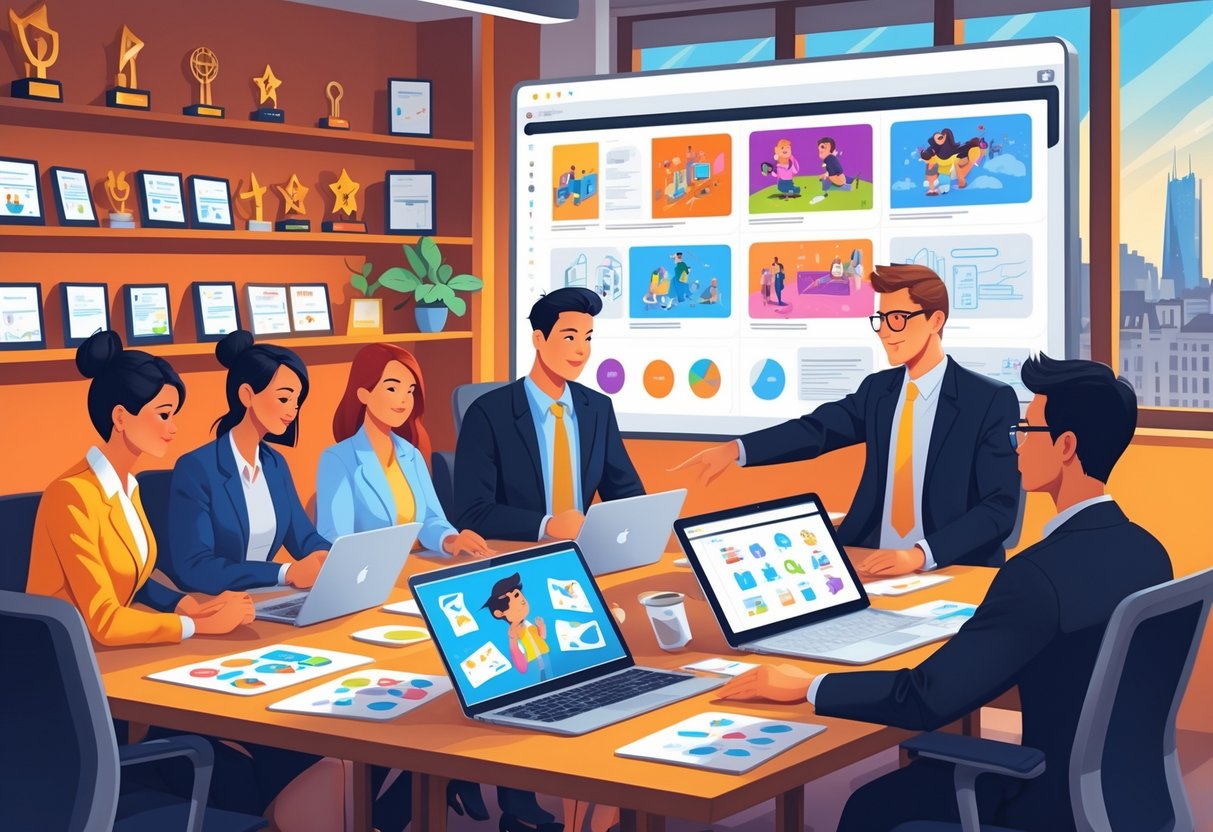 A group of professionals in a meeting room reviewing animation samples on digital devices, with a city view outside the window.