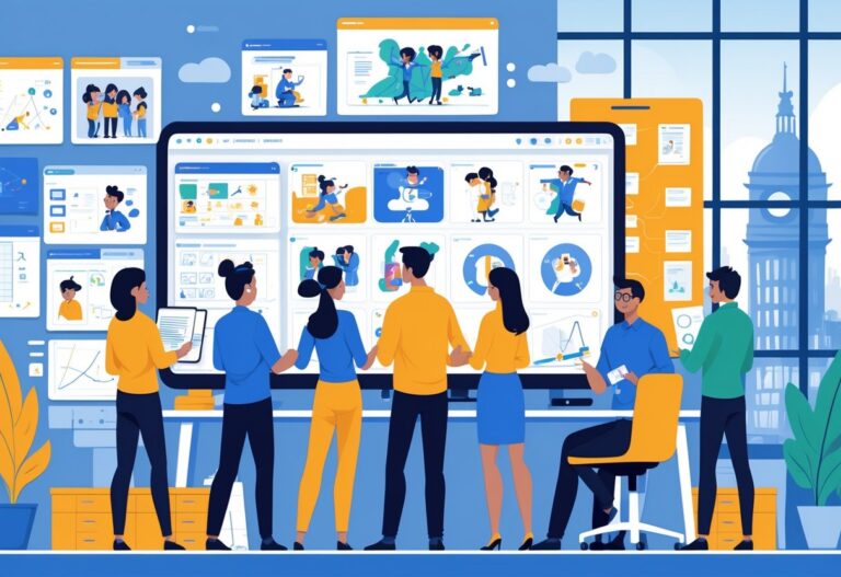 A group of creative professionals working together in an office, reviewing 2D animation frames and character sketches with animation tools and storyboards around them, with a city view visible through the window.