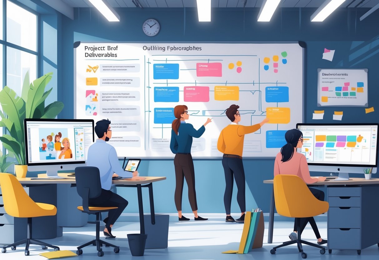 Two animators working at desks with animation software and storyboards, discussing project plans in an office with a whiteboard covered in diagrams and notes.