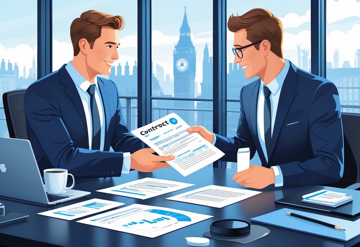 Two business professionals in an office exchanging and reviewing contract documents during a meeting.