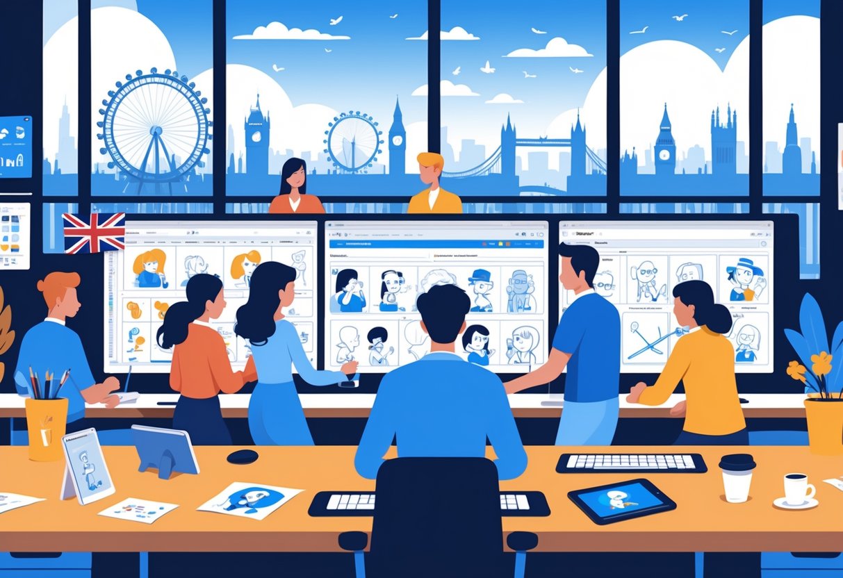 A group of people working together at a desk with computer screens showing 2D animation, with a view of London landmarks through a window.