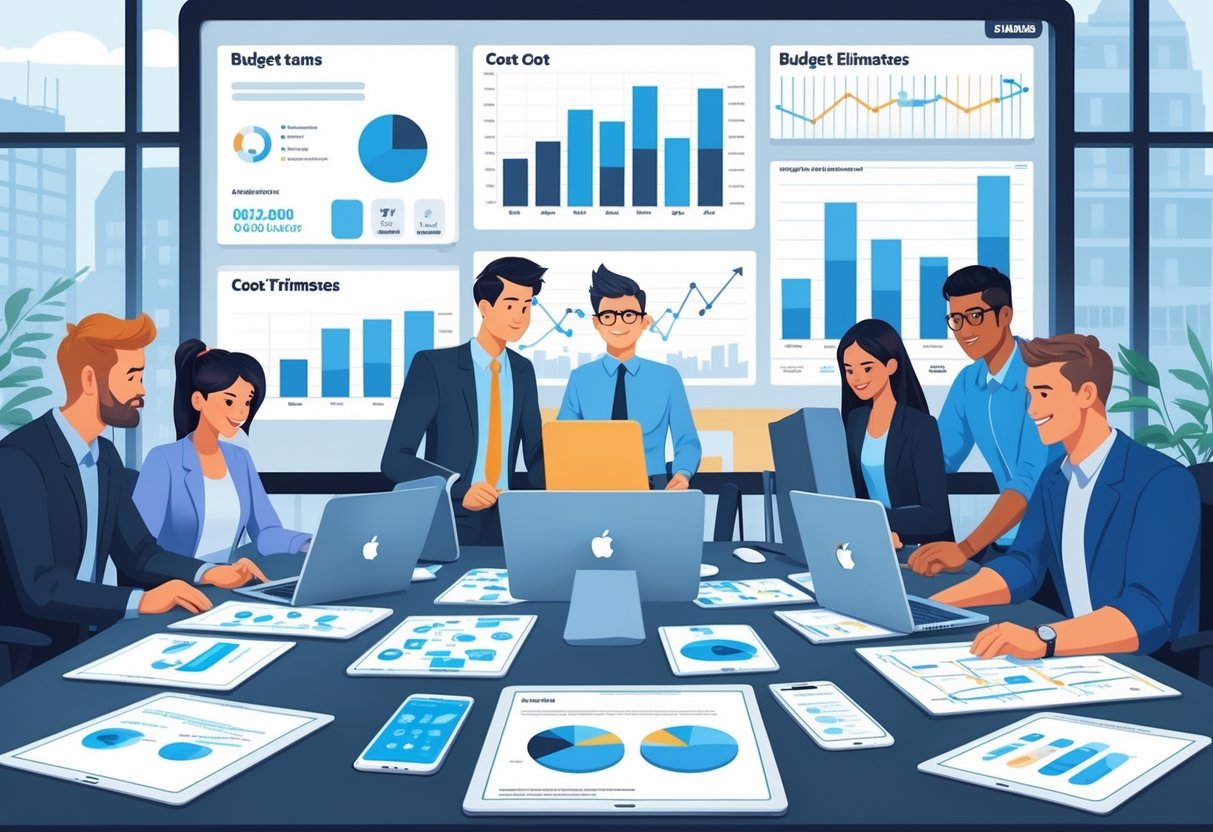 A team of animators working together in an office with animation tools and budget charts visible, with a view of a UK city outside the window.