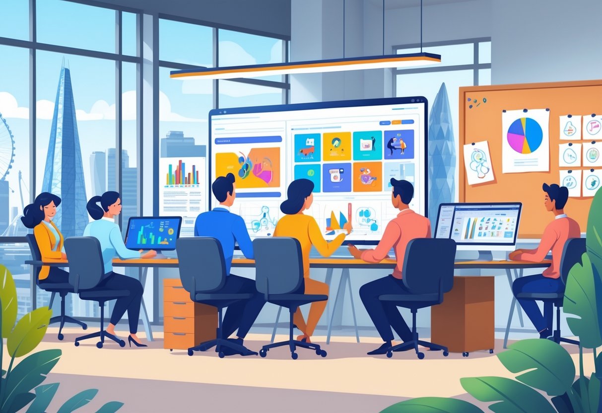 Business professionals and animators collaborating in an office with animation sketches and digital screens, with London landmarks visible through a window.