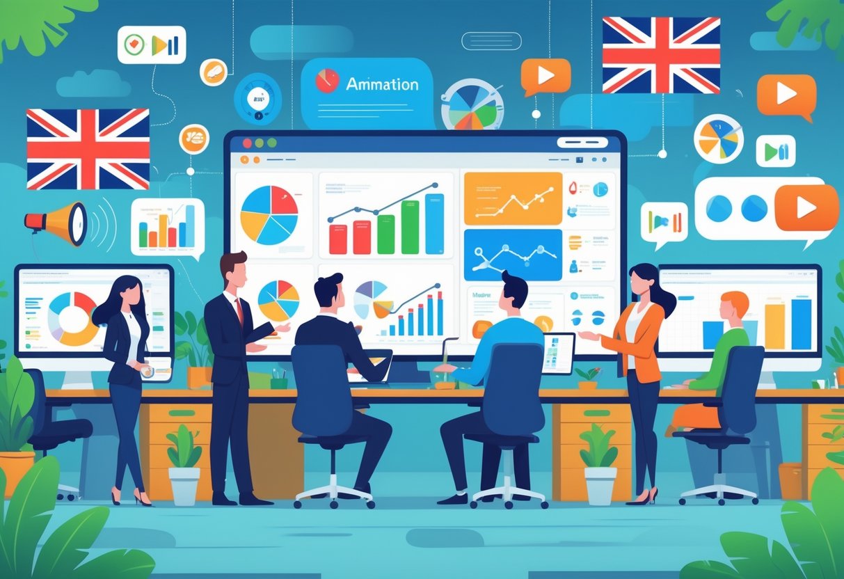 A team of professionals working together in an office with digital screens showing animated marketing visuals and creative workstations.