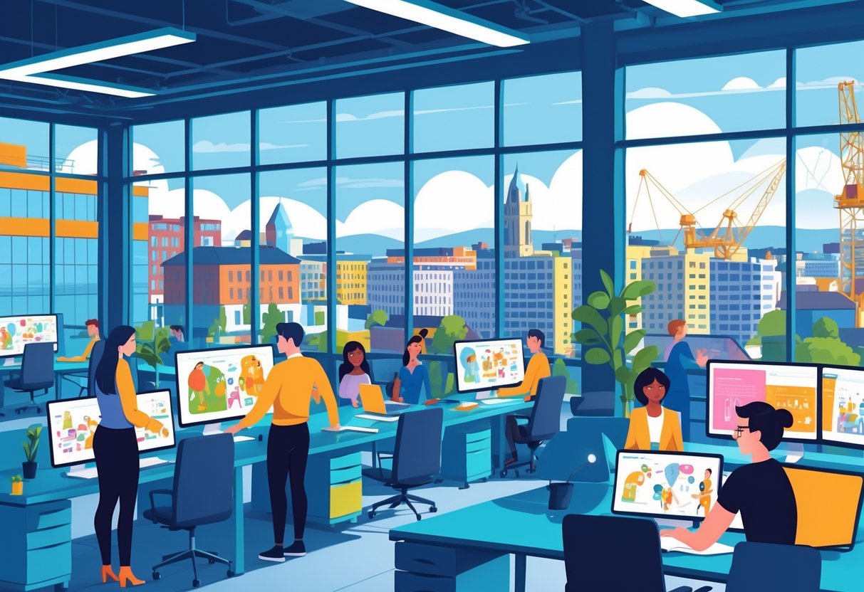 An office scene with animation professionals working together at computers, with a cityscape of Belfast visible through large windows.