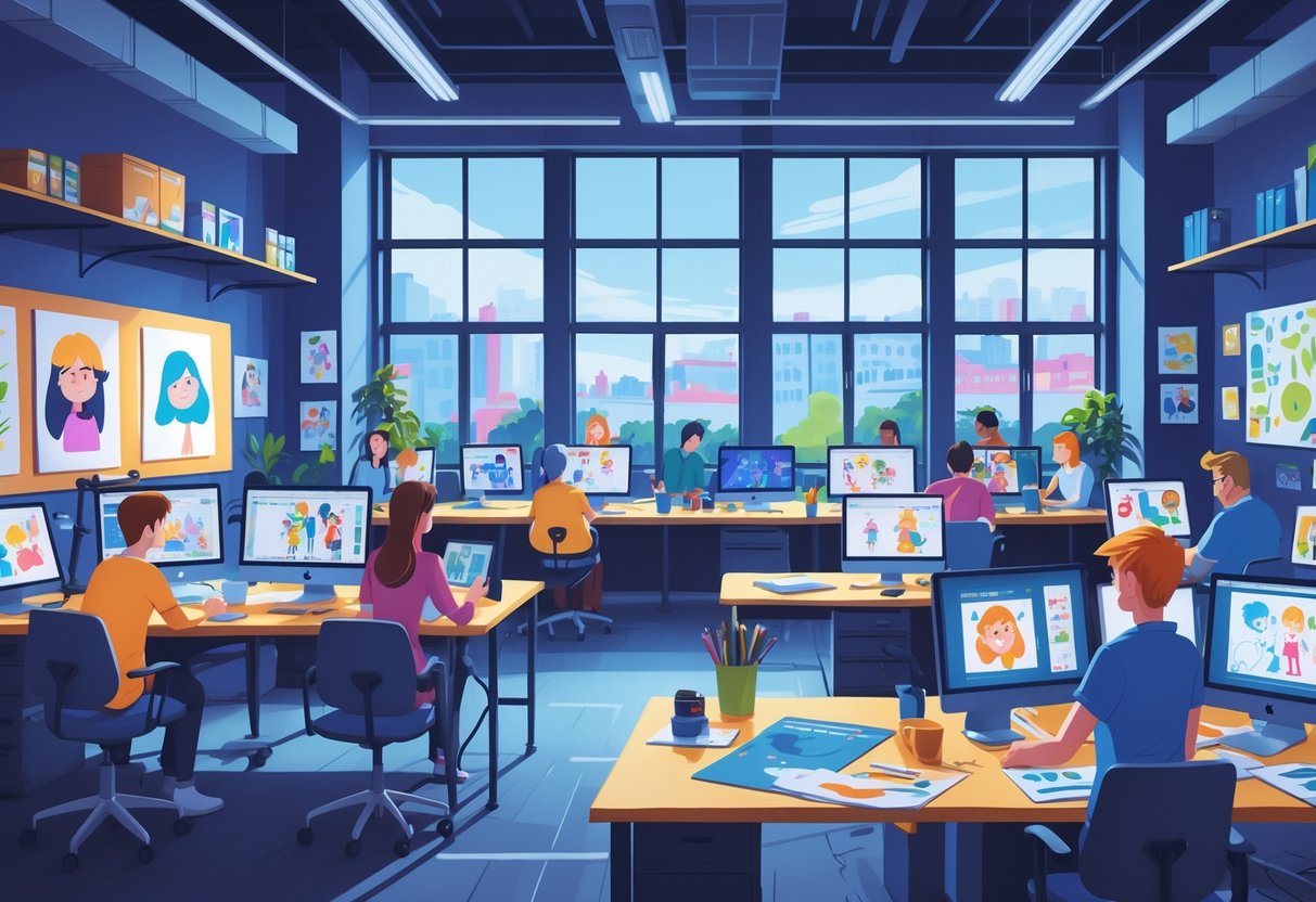 A busy animation studio with artists working on computers and drawing tablets, overlooking a cityscape.