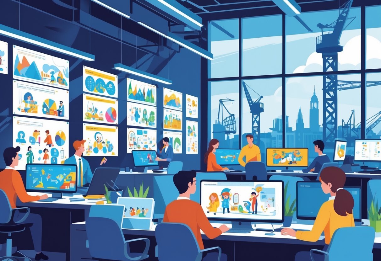 An office scene showing animation professionals working together on digital animation projects with Belfast city landmarks in the background.