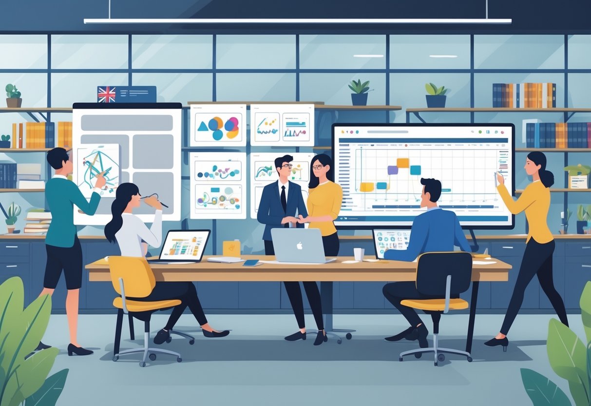 A team of professionals collaborating in a modern office, working on different stages of creating a corporate animation using digital devices.