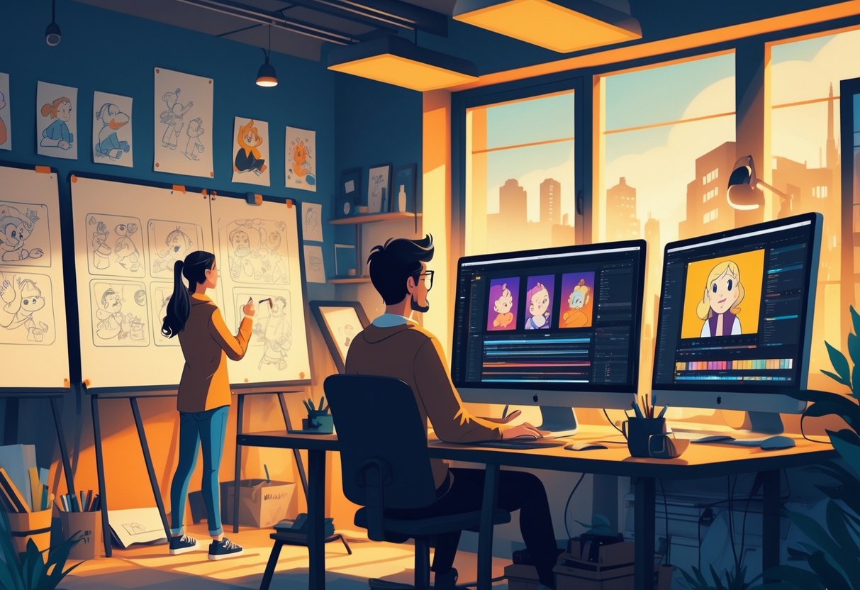 A creative animation studio showing artists working on storyboards, digital animation, and post-production editing with a view of Belfast landmarks outside the window.