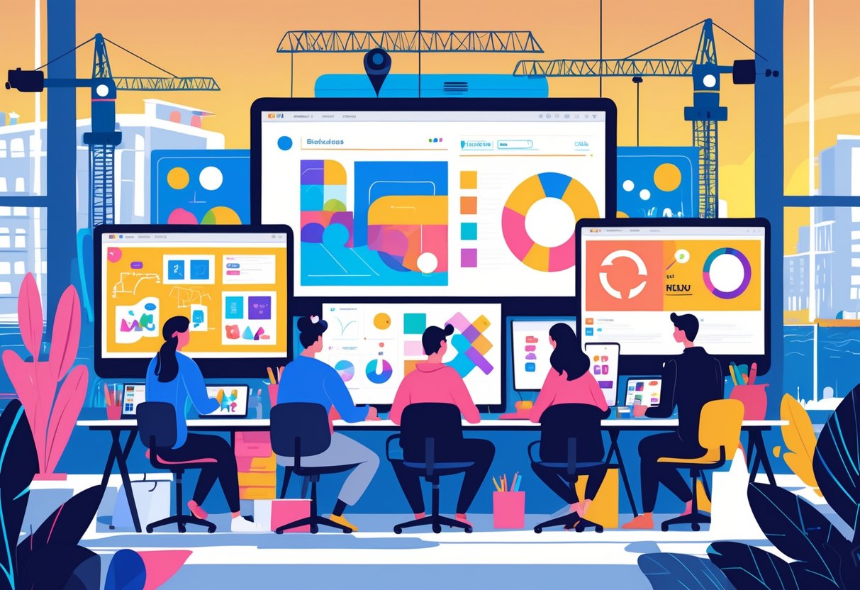 A creative studio with designers collaborating on animation and branding projects, with screens showing colourful artwork and a cityscape in the background.