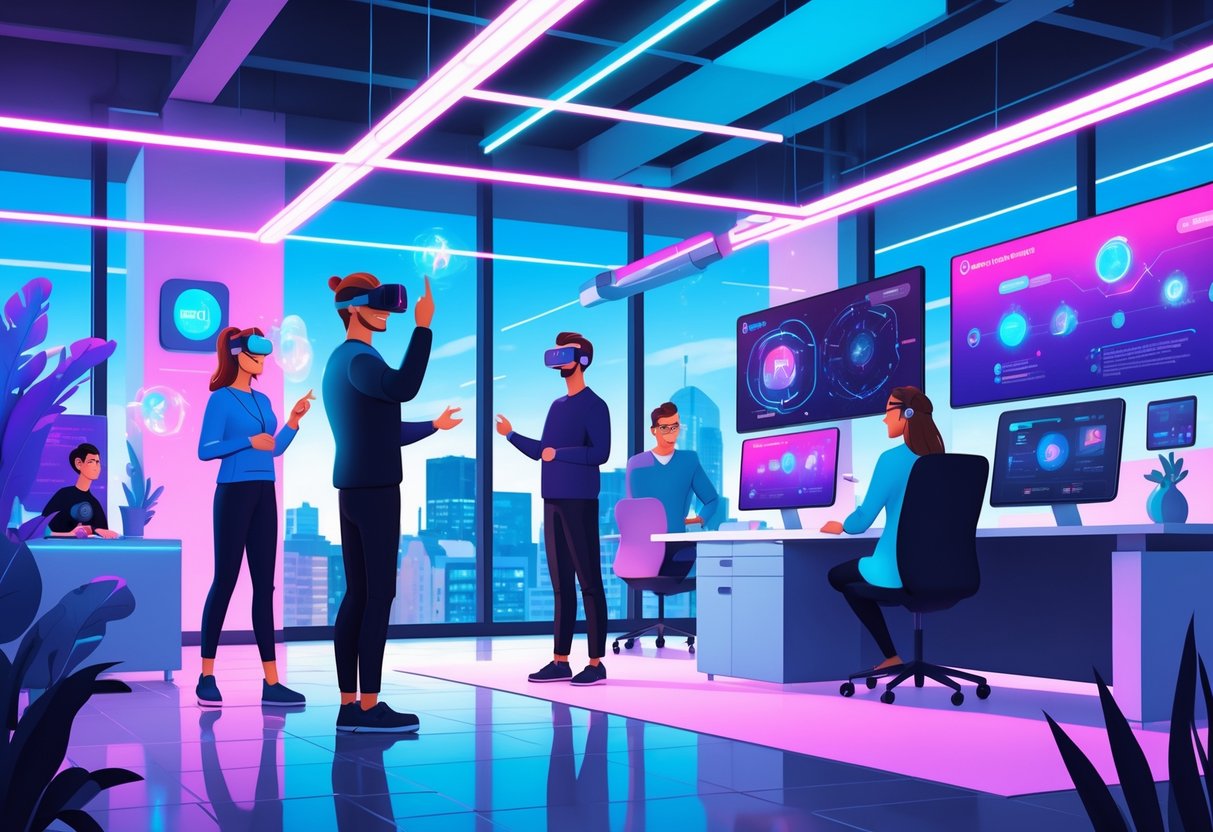 A modern animation studio where people use VR headsets and AR glasses to interact with digital holograms and animations, with a city skyline visible through large windows.