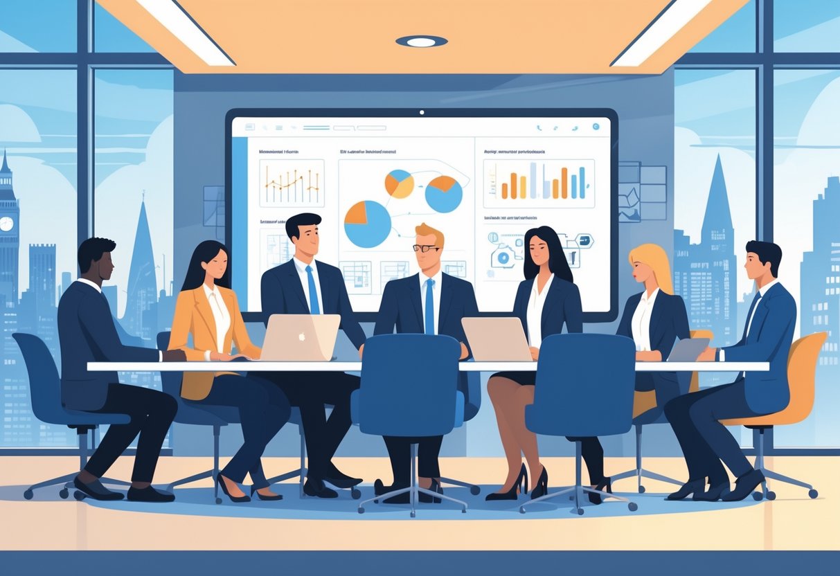 A group of business professionals meeting around a conference table with laptops and documents, discussing animation project plans in a modern office with a city view.