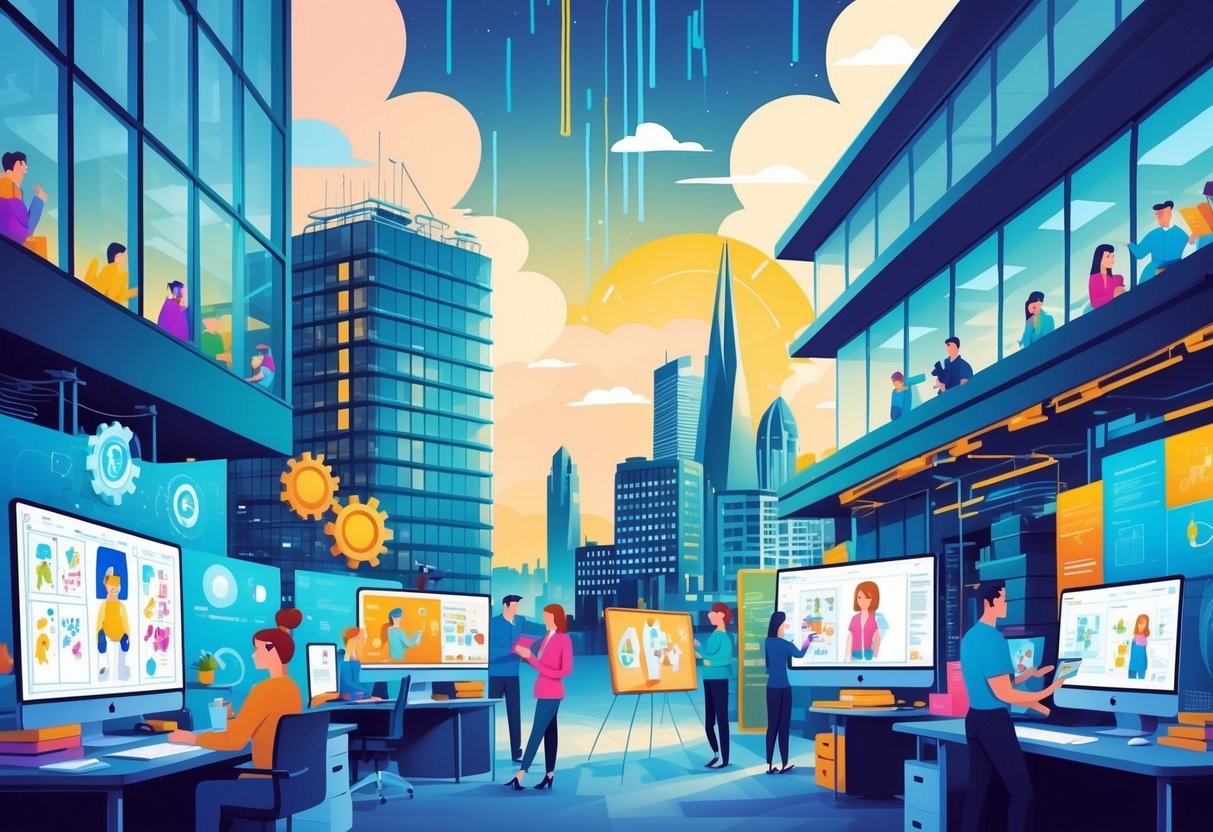 A cityscape of Belfast showing professionals working in animation studios with digital screens and creative tools, surrounded by modern buildings and landmarks.