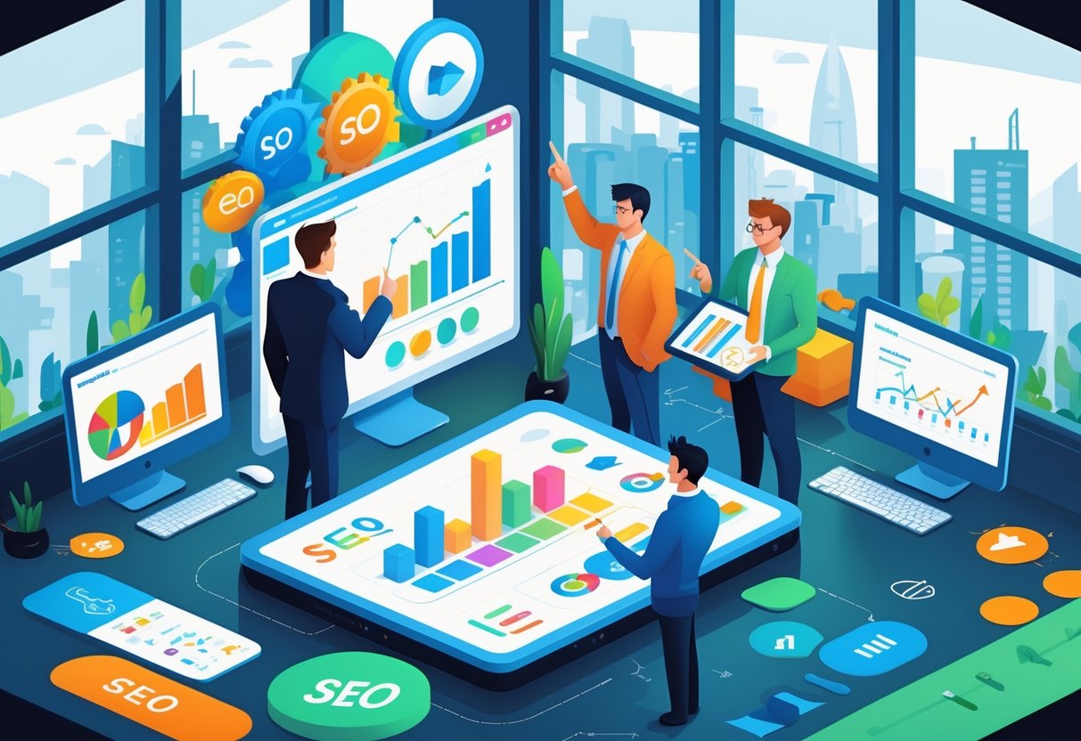 A team of professionals collaborating around a digital table with charts and animation software in a bright office overlooking a city.