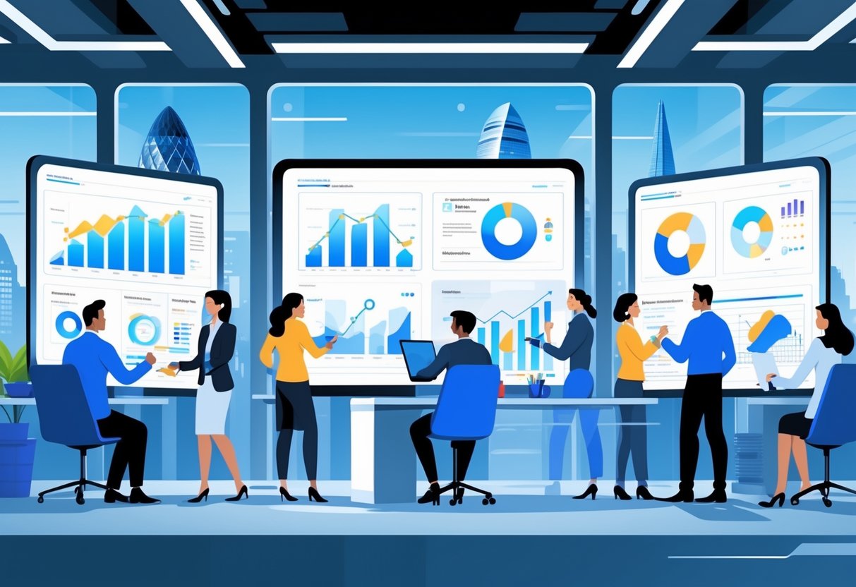 A group of professionals working together in a modern office with digital screens showing animated charts and graphics, with a view of the London skyline in the background.