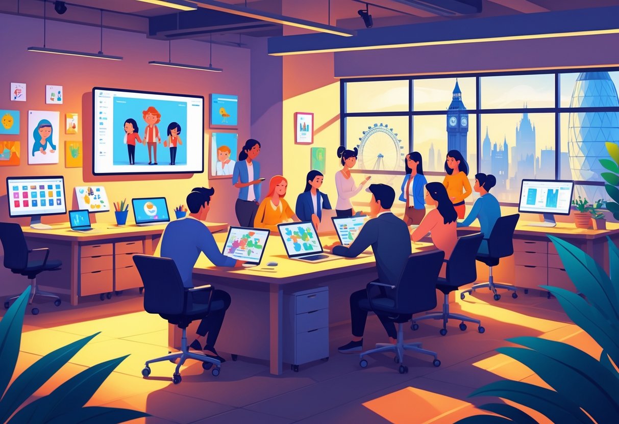 A group of creative professionals working together in an office with animation screens and British cityscape visible through the window.