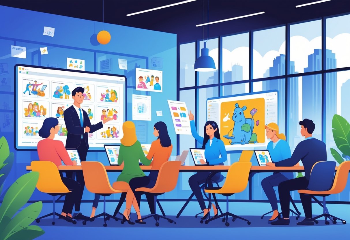 A group of professionals collaborating in a meeting room with animation storyboards and digital devices, with a city skyline visible through the windows.