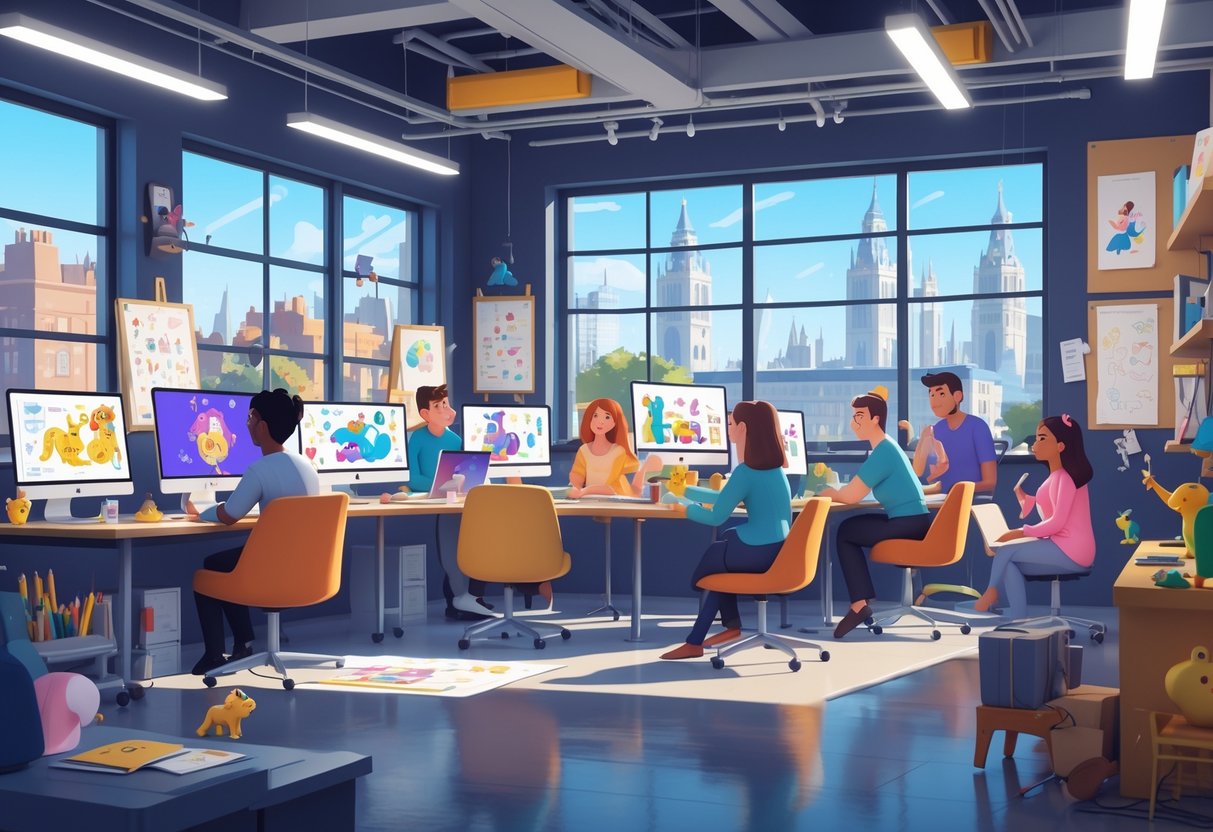 A creative studio with a team working on animation projects using computers and drawing tablets, with a cityscape visible through a window.