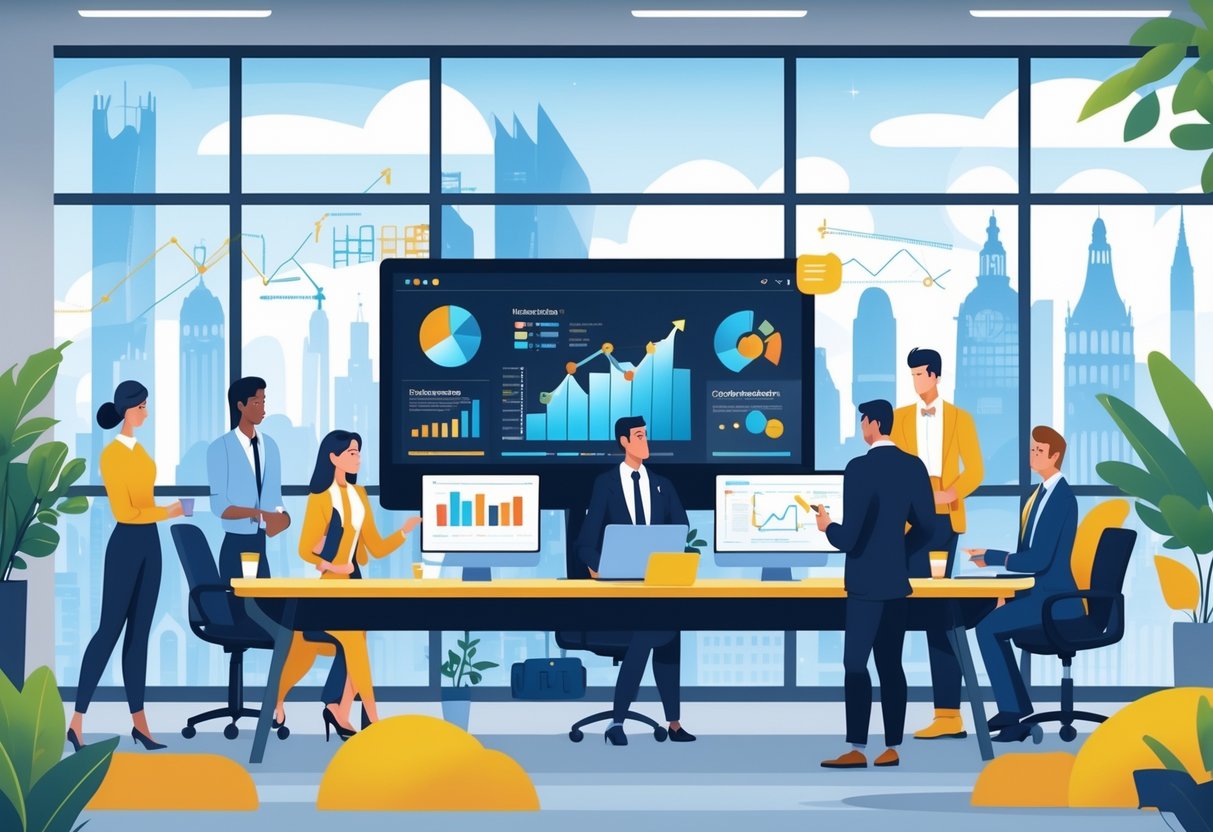 A group of business professionals collaborating around a digital screen showing animated charts and visuals in a modern office with a cityscape visible through large windows.