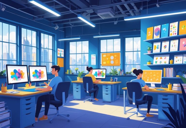 A busy animation studio with artists working on 2D animation at desks, surrounded by sketches and animation tools, with a view of a city skyline outside the window.