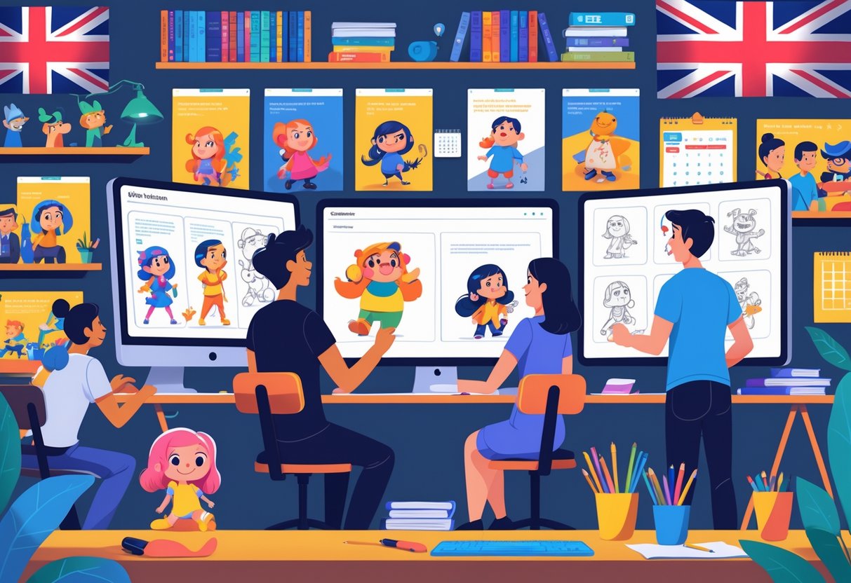 A group of animators working together in a studio, creating 2D character sketches and storyboards with computers and drawing tablets.