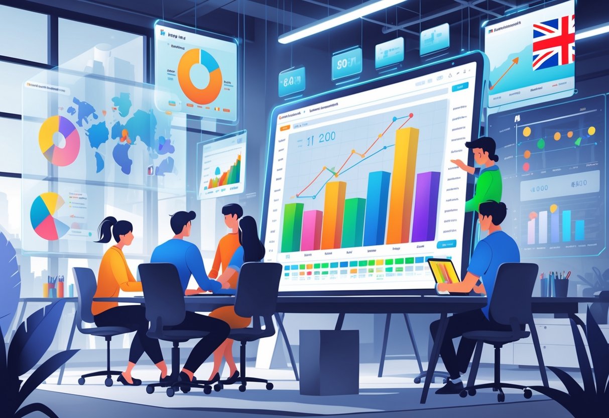 A team of animators working together in an office with digital animation frames and financial charts, with subtle UK elements visible.