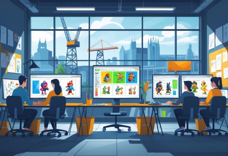 An animation studio with artists working on 2D character designs and animation, with the Belfast city skyline visible through large windows.