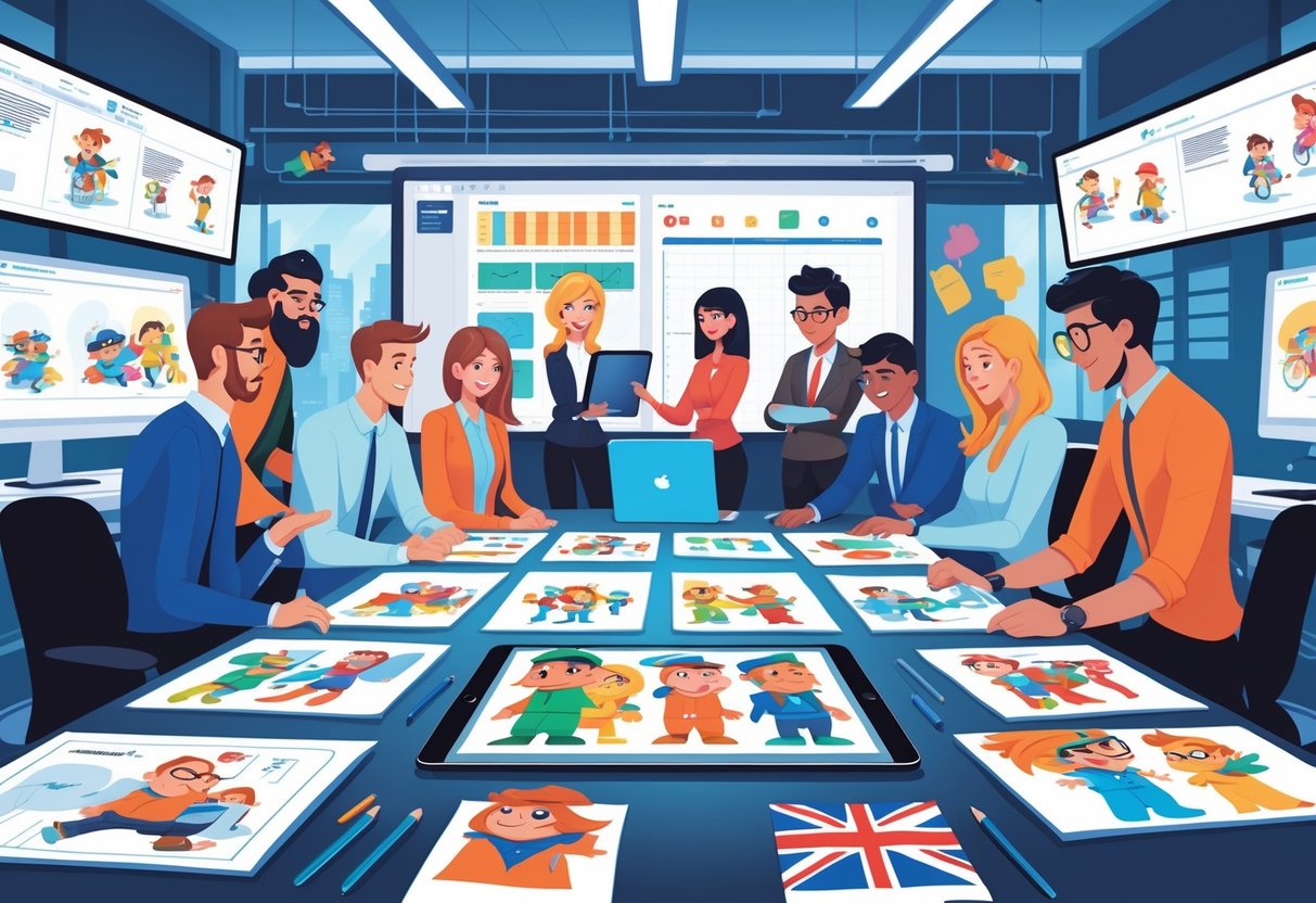 A group of creative professionals working together in an animation studio with sketches, digital tablets, and screens showing 2D animation, with a view of London outside the window.
