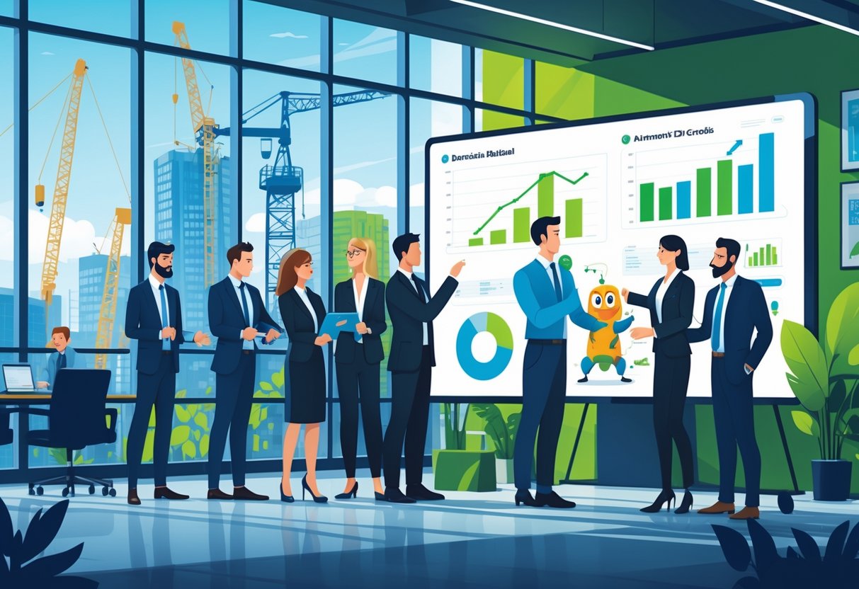 Business professionals collaborating around a digital screen showing colourful animated characters with Belfast cityscape visible through office windows.