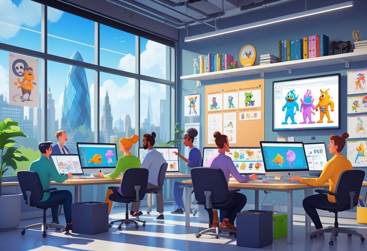 A modern animation studio with animators working on digital tablets and computers, surrounded by storyboards and sketches, with a city view through large windows.