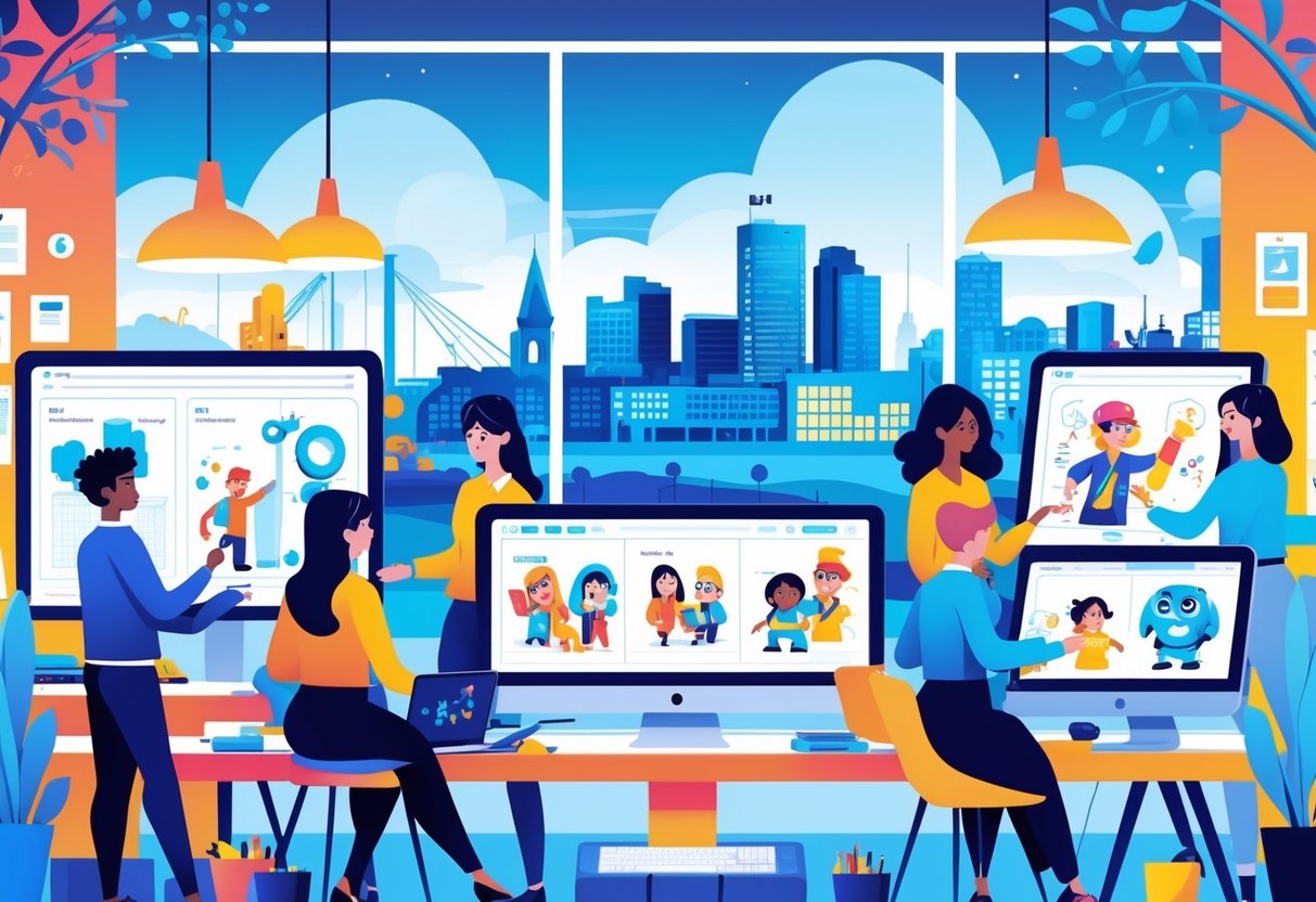 A cityscape of Belfast with professionals from education, advertising, gaming, and media working together on 2D animation projects using digital tools in a bright studio.