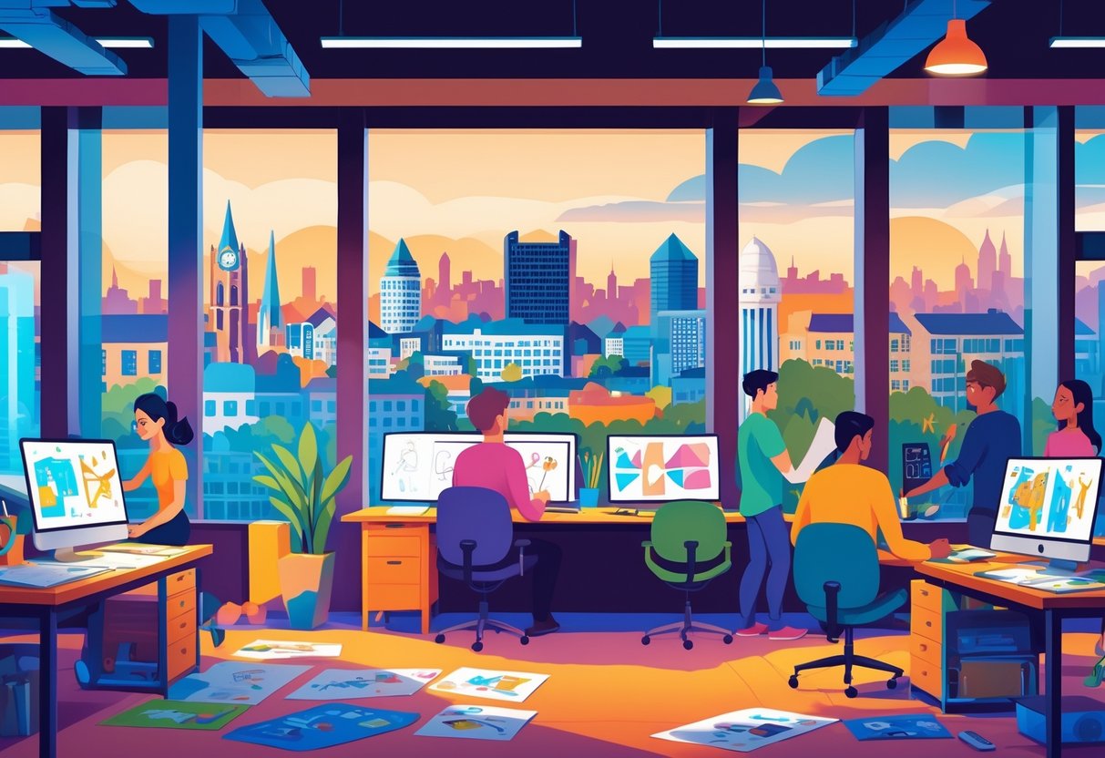 A cityscape of Belfast showing animators working inside studios with animation tools and sketches, combining urban buildings and creative workspaces.