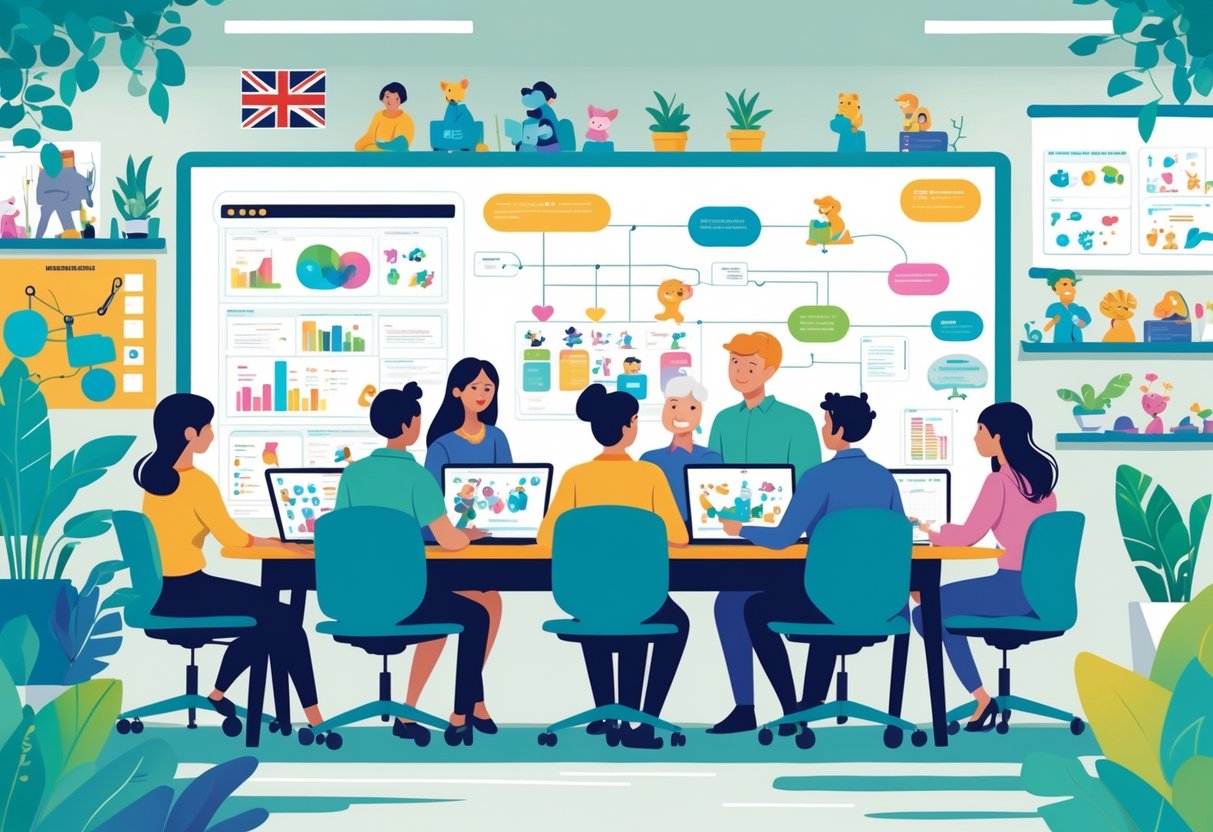 A group of creative professionals working together on animation projects in a modern office decorated with UK-themed items.