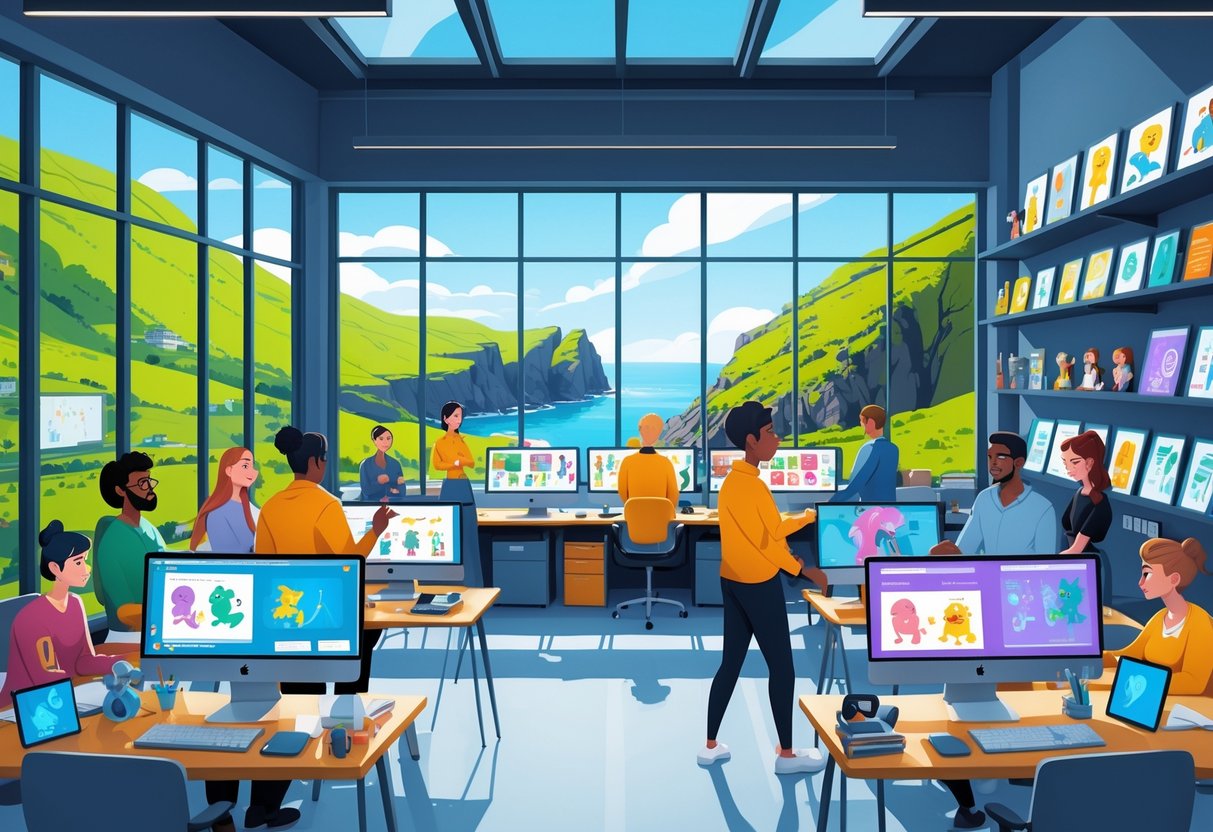 A modern animation studio with people working on computers and a view of Northern Ireland's landscape through large windows.