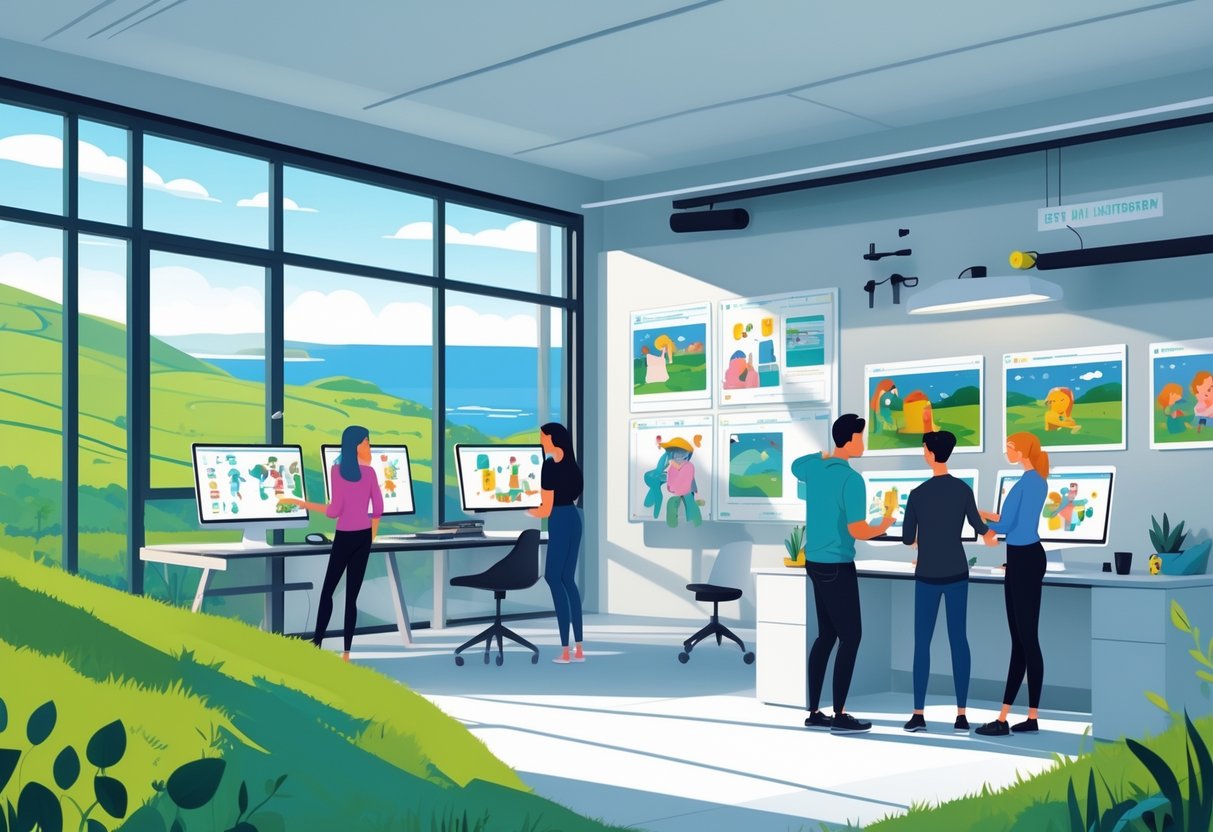 A modern animation studio in Northern Ireland with creative professionals working on digital animation projects, large windows showing green hills and coastline outside.