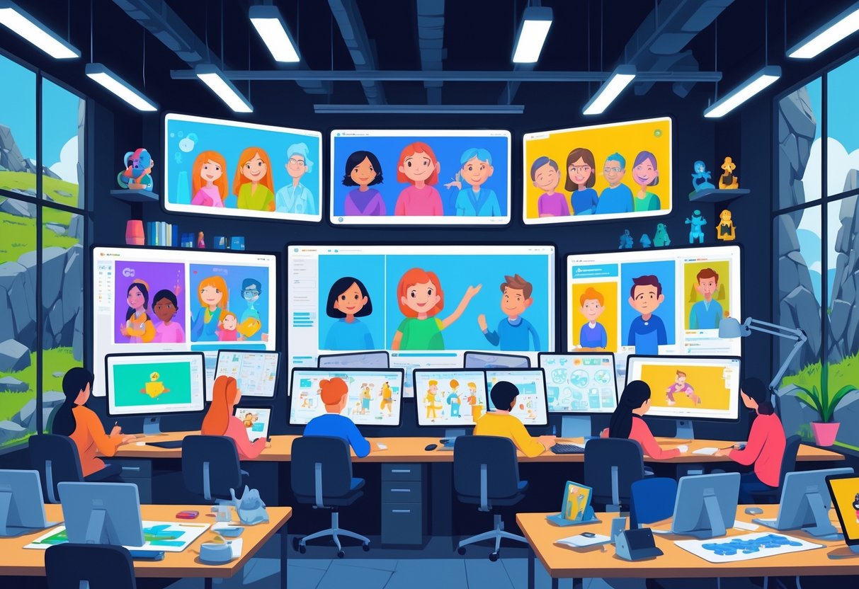 A busy animation studio with artists working on digital drawings and screens showing animated characters, with a view of rock formations outside the windows.