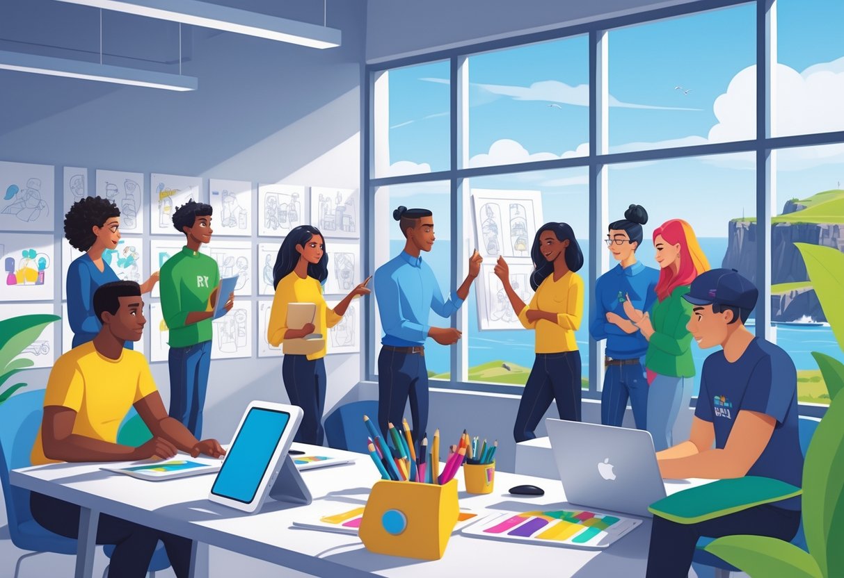 A group of creative professionals working together in a bright animation studio with a view of a Northern Irish city and natural landmarks outside.