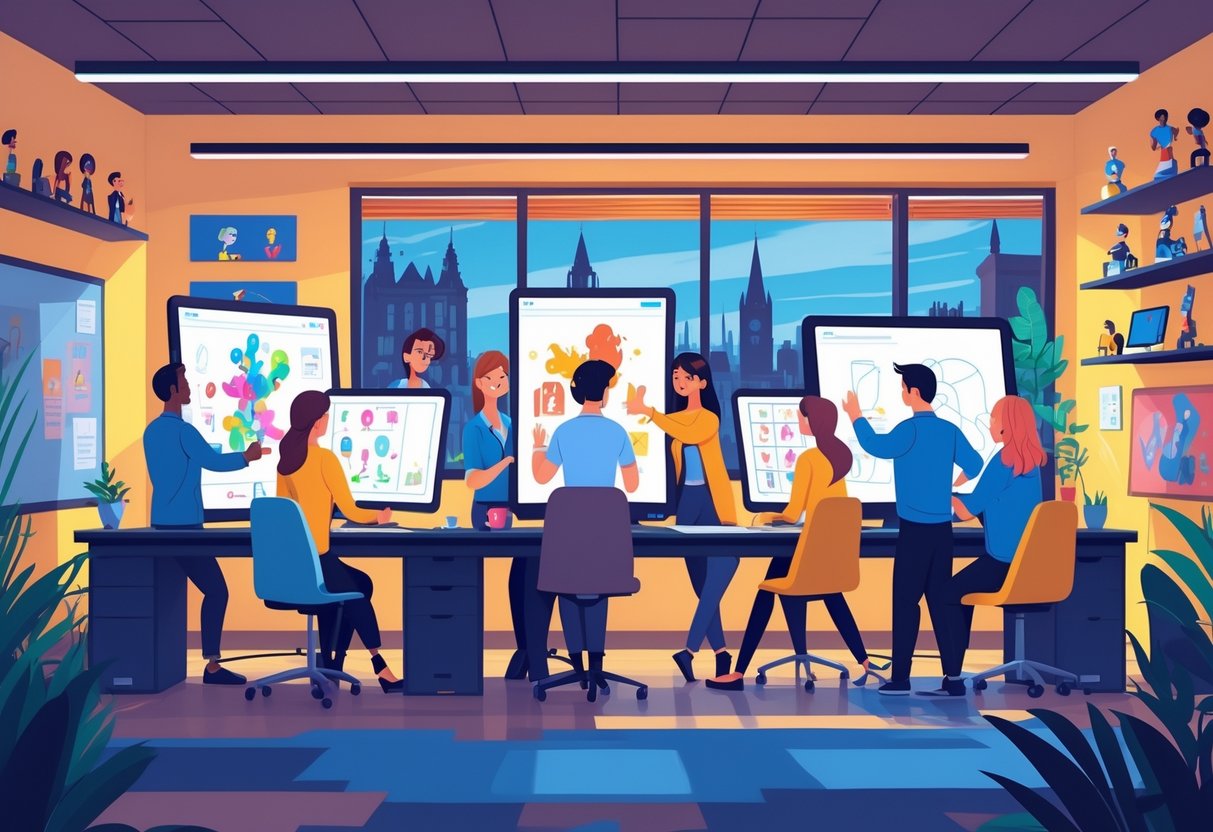 A group of creative professionals collaborating in an animation company office with digital tablets and computer screens, set against a Northern Irish city view.