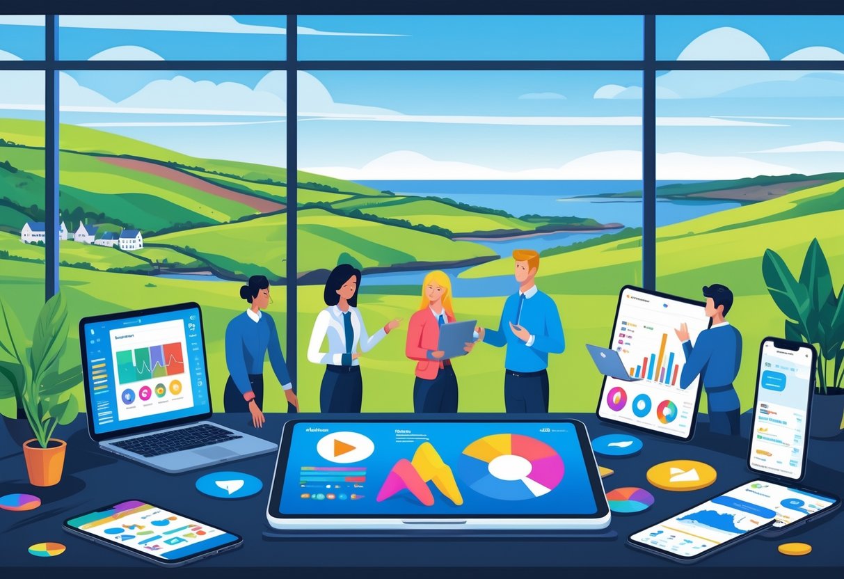 A group of people working together around a digital table displaying animated graphics and marketing data, with a view of Northern Ireland's green hills and coastline through a large window.