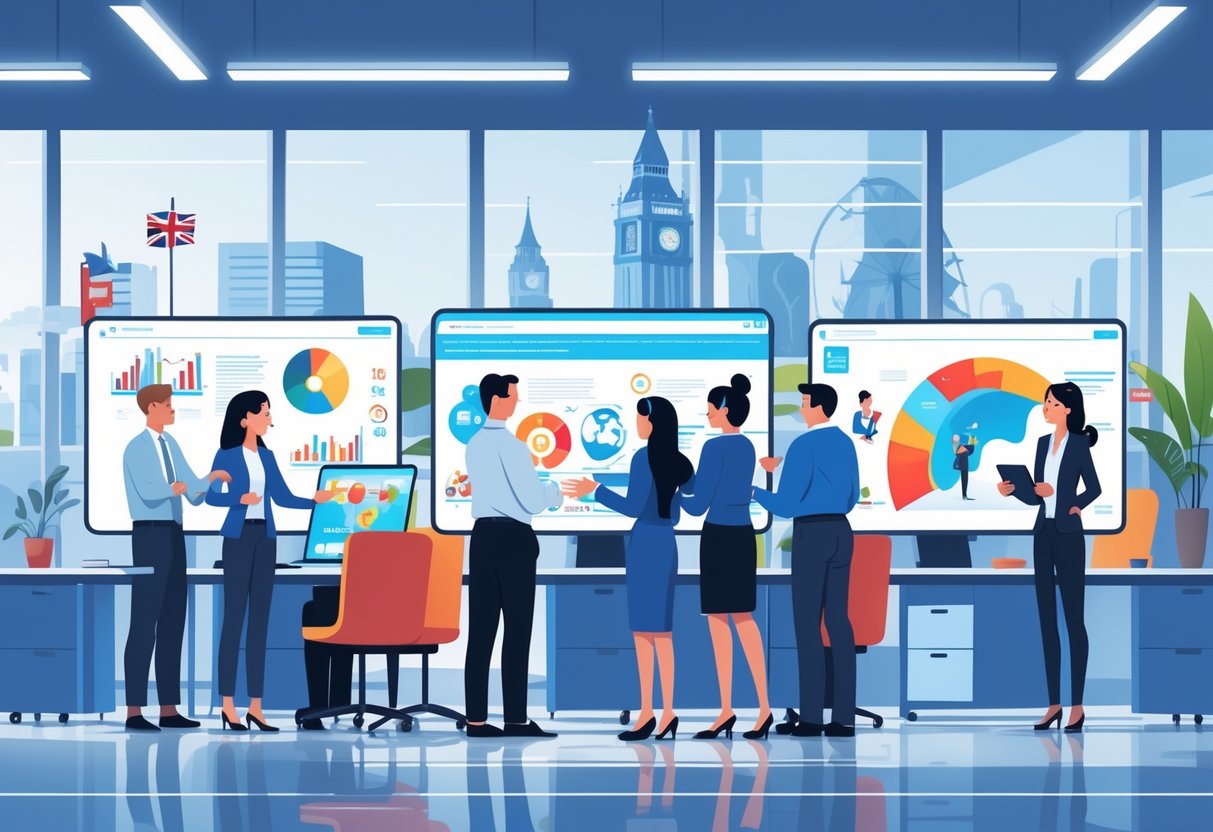 A group of professionals and educators collaborating with animated digital content on screens in a modern office with views of London landmarks.